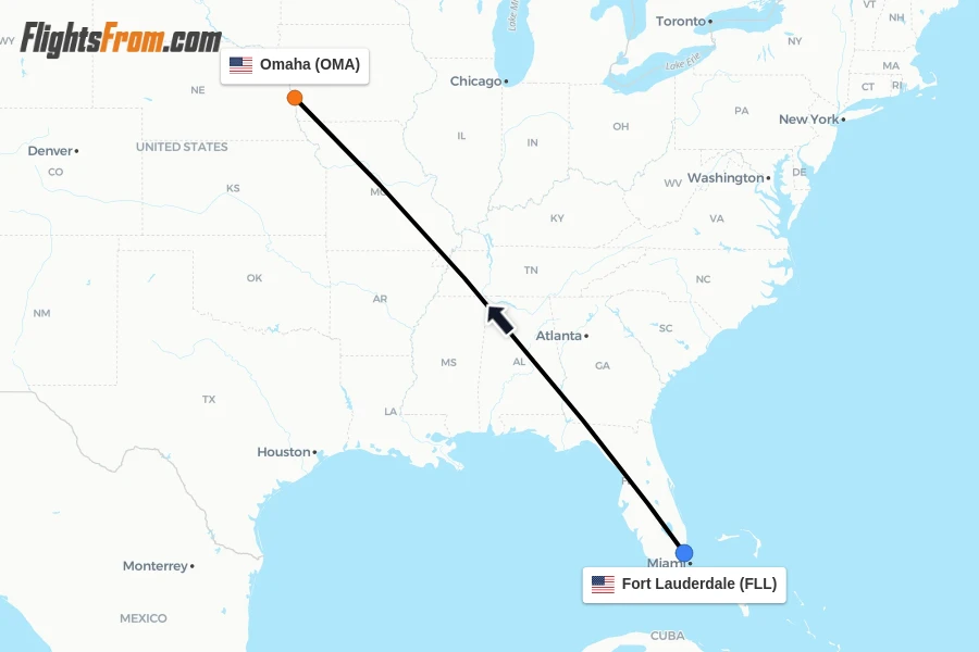 Flights from Fort Lauderdale to Omaha route map