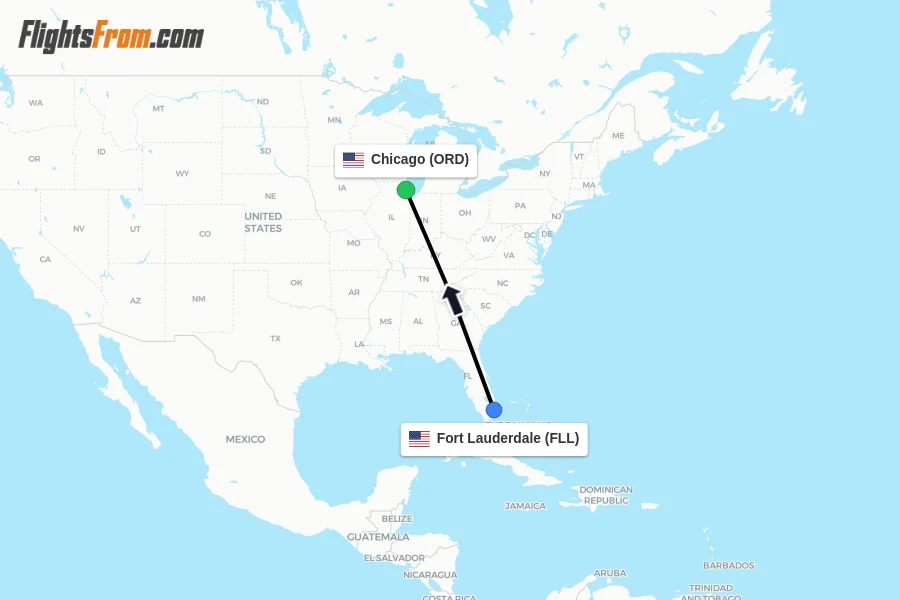 Flights from Fort Lauderdale to Chicago route map