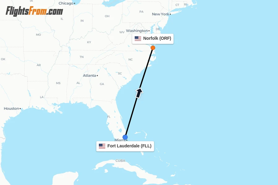 Flights from Fort Lauderdale to Norfolk route map