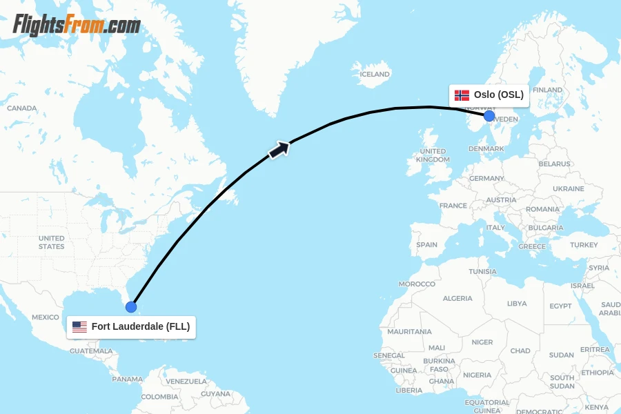 Flights from Fort Lauderdale to Oslo route map