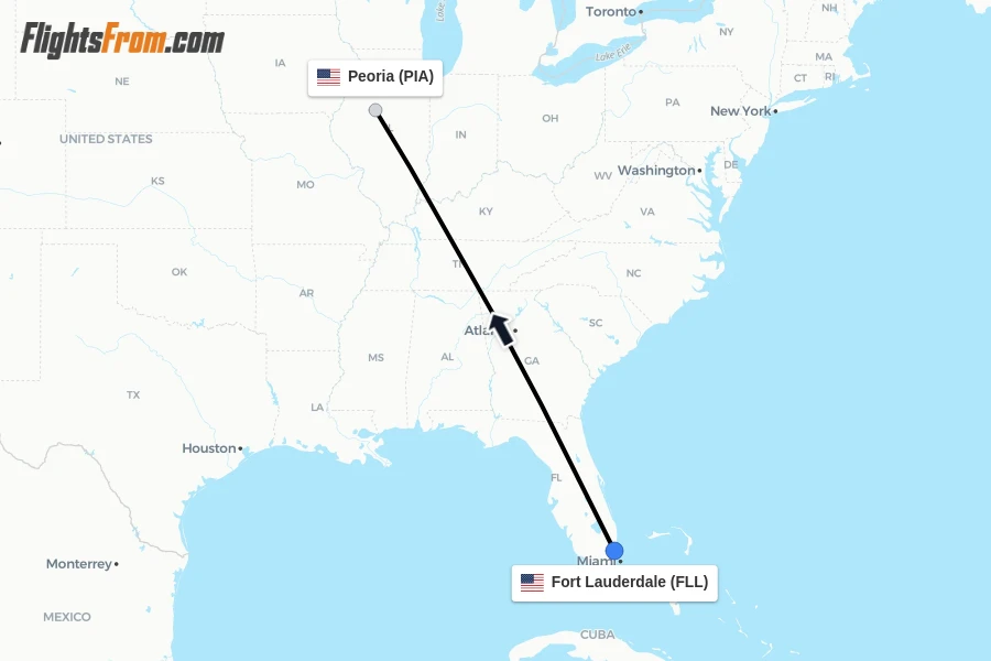 Flights from Fort Lauderdale to Peoria route map