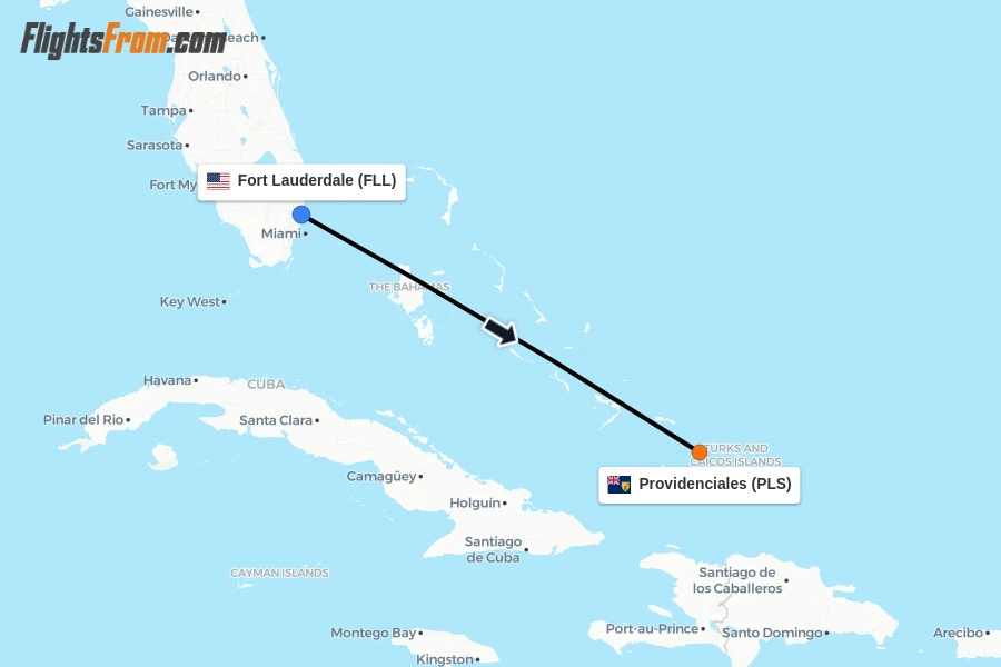 Flights from Fort Lauderdale to Providenciales route map