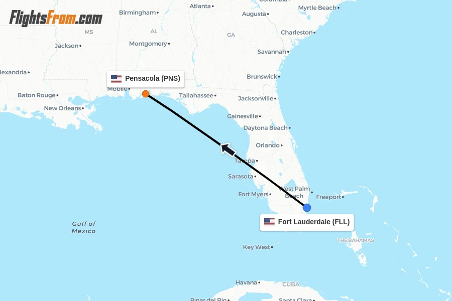 Flights from Fort Lauderdale to Pensacola route map