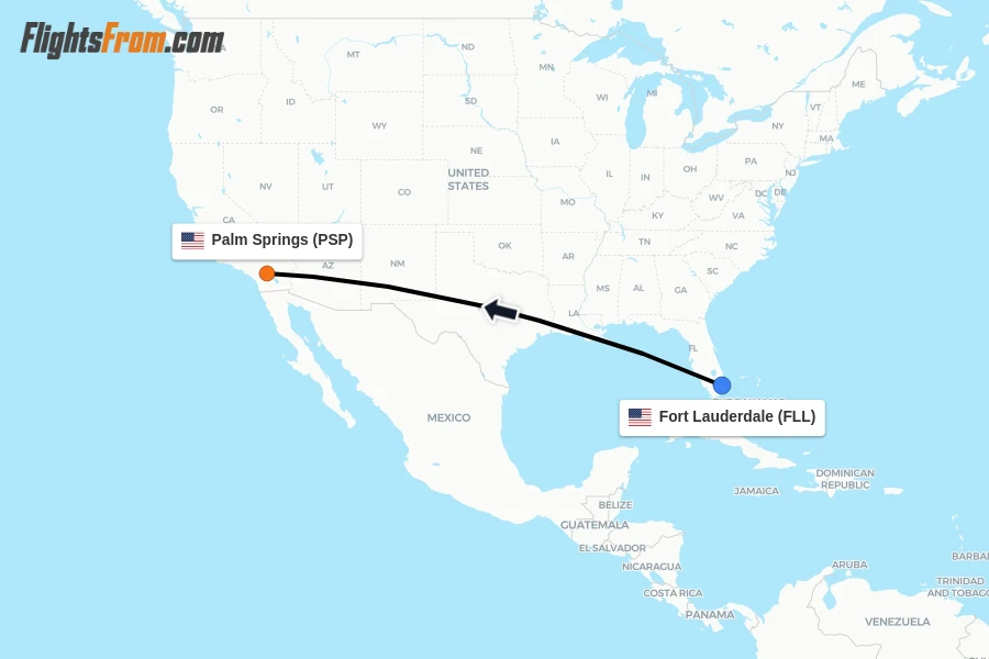 Flights from Fort Lauderdale to Palm Springs route map