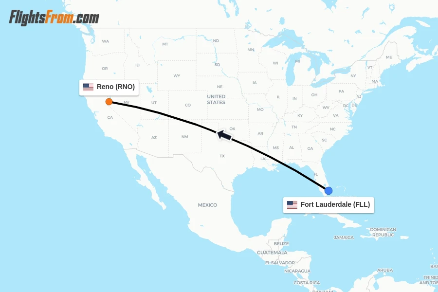 Flights from Fort Lauderdale to Reno route map