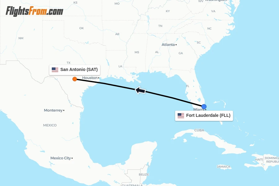 Flights from Fort Lauderdale to San Antonio route map