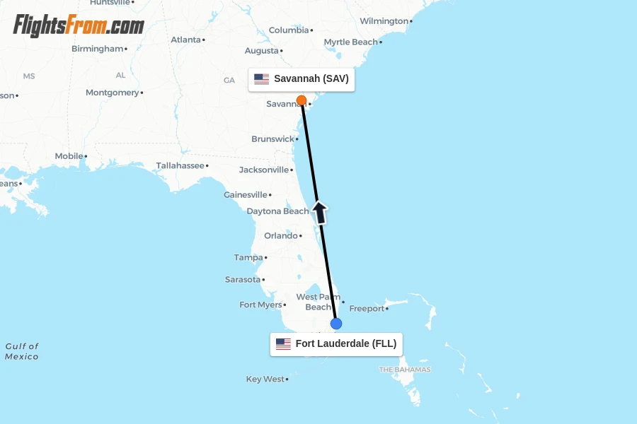 Flights from Fort Lauderdale to Savannah route map