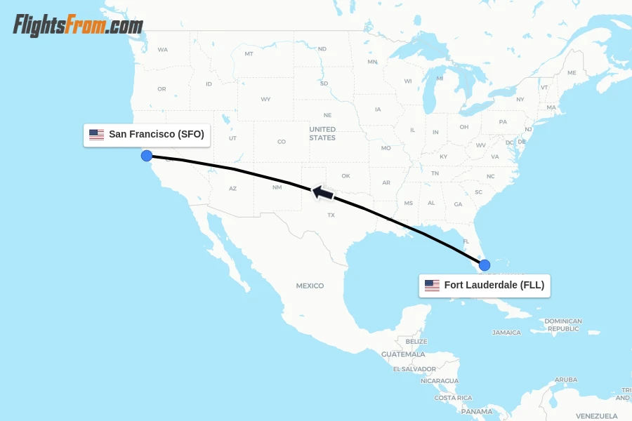 Flights from Fort Lauderdale to San Francisco route map