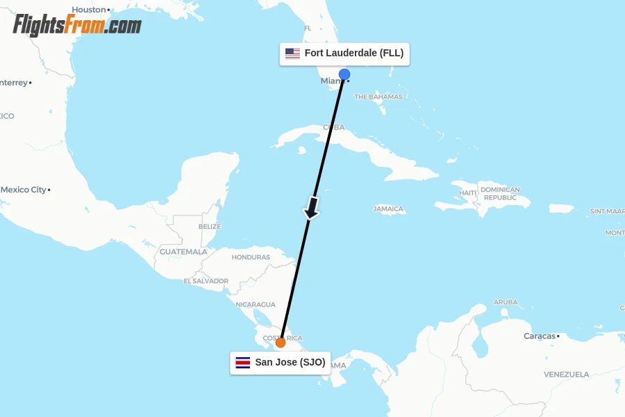 Flights from Fort Lauderdale to San Jose route map