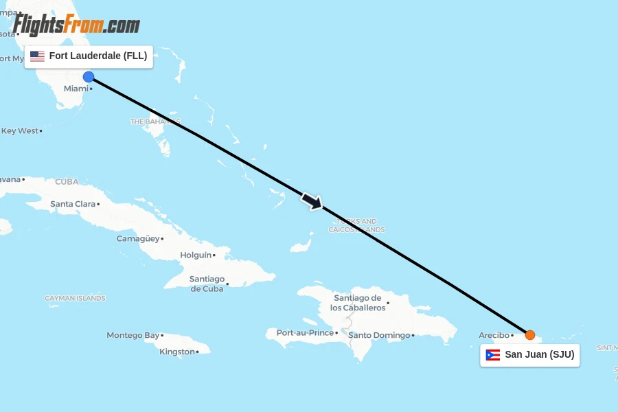 Flights from Fort Lauderdale to San Juan route map