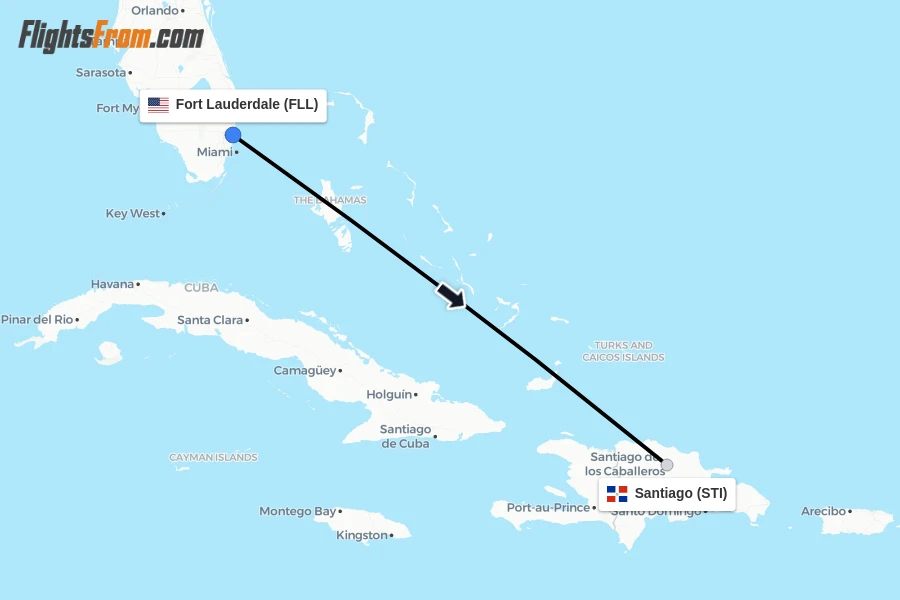 Flights from Fort Lauderdale to Santiago route map
