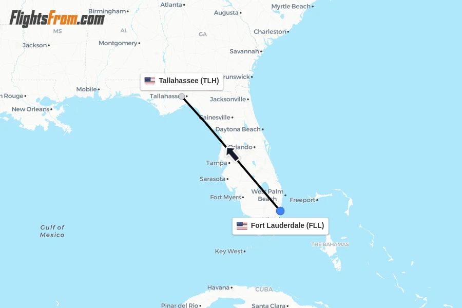 Flights from Fort Lauderdale to Tallahassee route map