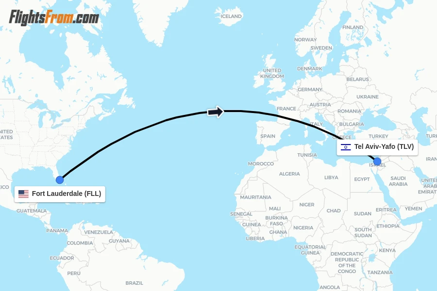 Flights from Fort Lauderdale to Tel Aviv-Yafo route map