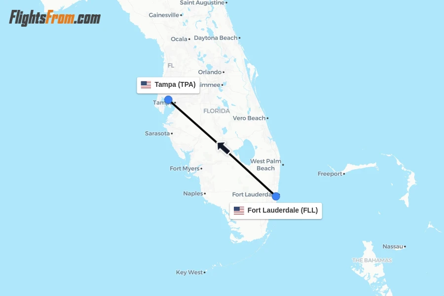Flights from Fort Lauderdale to Tampa route map