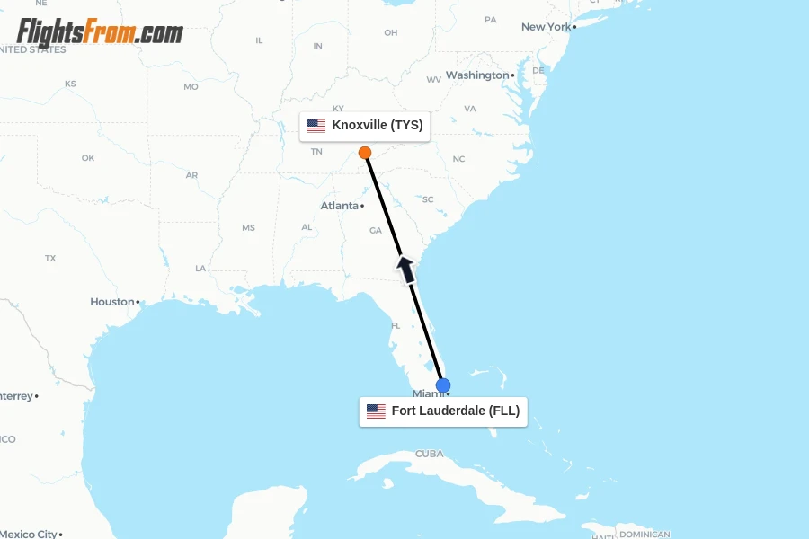 Flights from Fort Lauderdale to Knoxville route map
