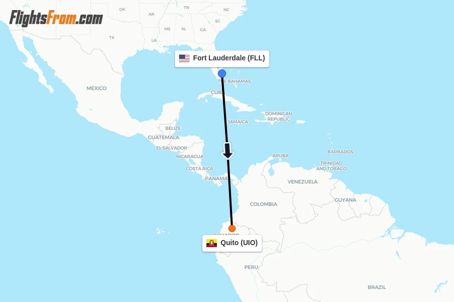 Flights from Fort Lauderdale to Quito route map