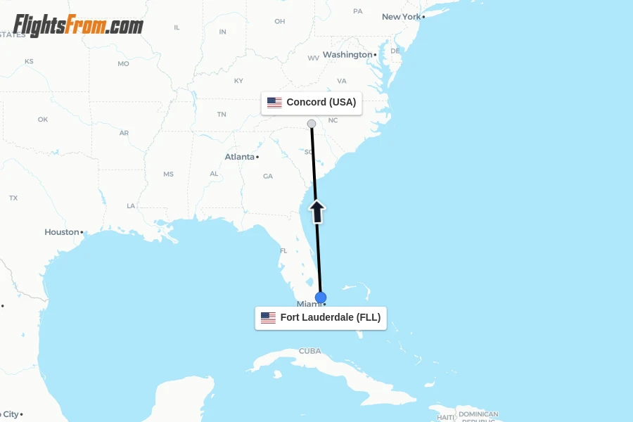Flights from Fort Lauderdale to Concord route map