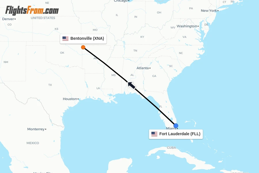 Flights from Fort Lauderdale to Bentonville route map