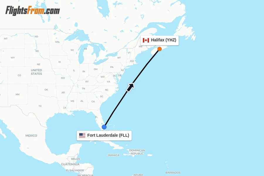 Flights from Fort Lauderdale to Halifax route map