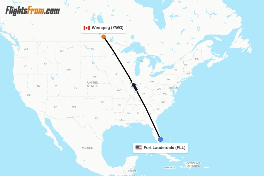 Flights from Fort Lauderdale to Winnipeg route map