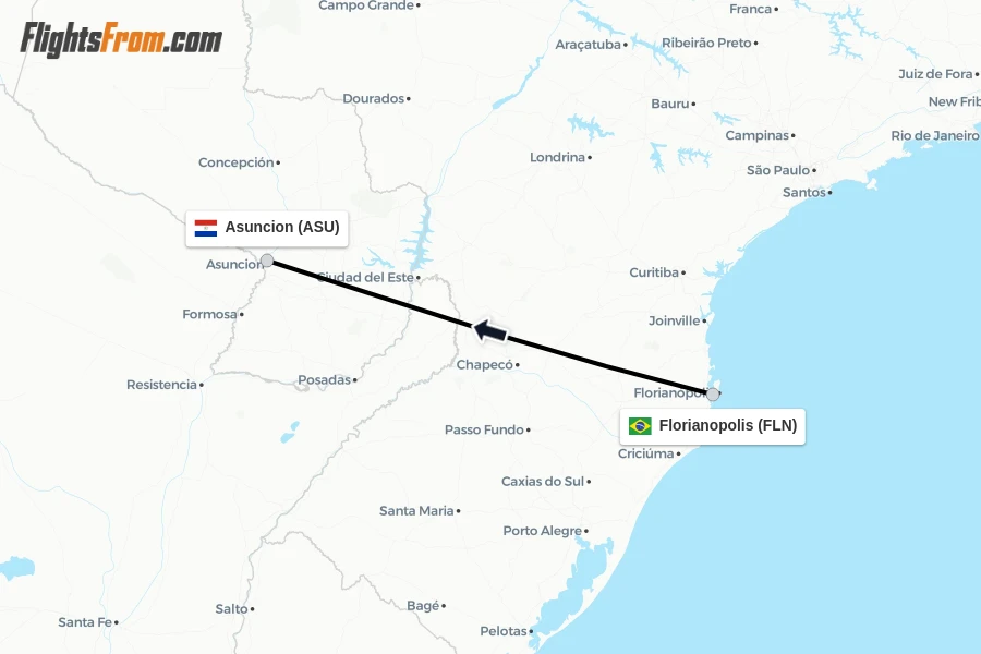 Flights from Florianopolis to Asuncion route map