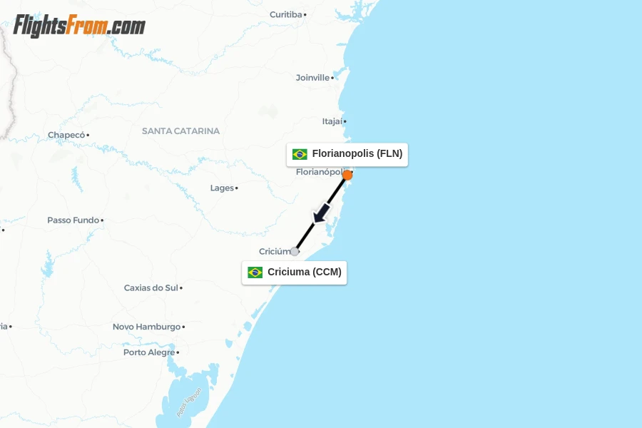 Flights from Florianopolis to Criciuma route map