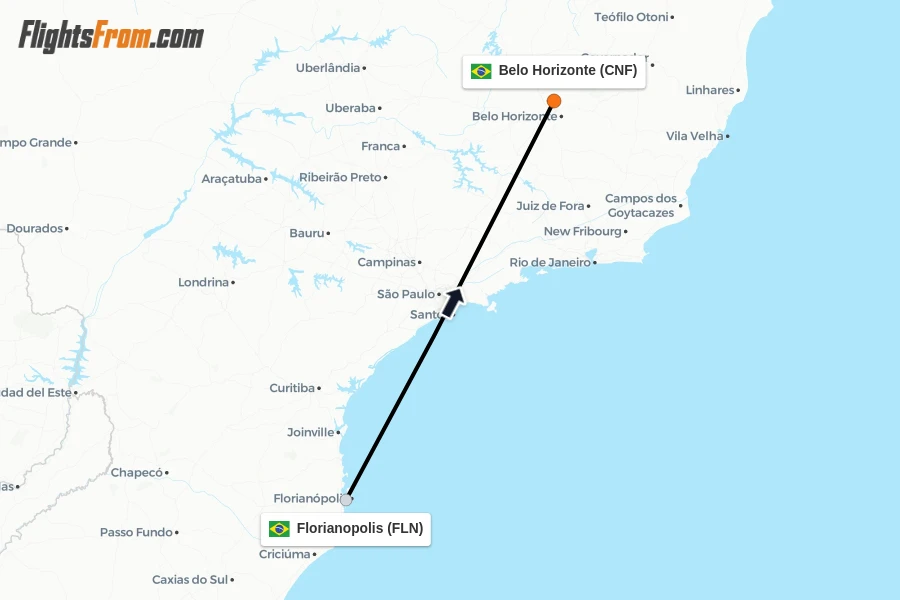 Flights from Florianopolis to Belo Horizonte route map