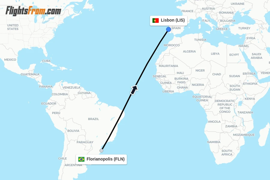 Flights from Florianopolis to Lisbon route map