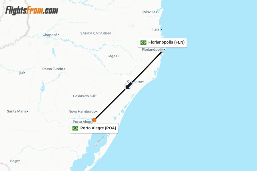 Flights from Florianopolis to Porto Alegre route map