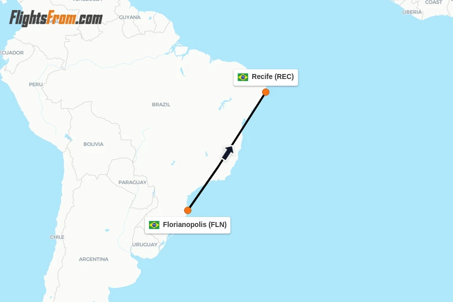 Flights from Florianopolis to Recife route map