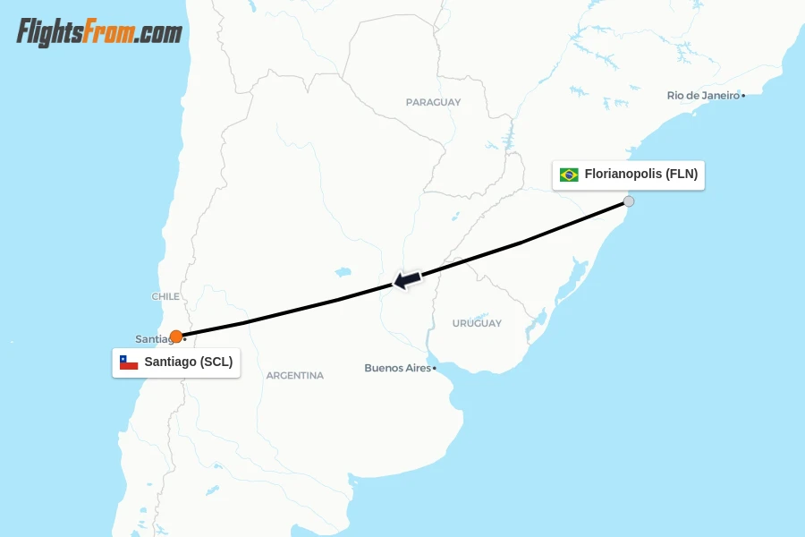 Flights from Florianopolis to Santiago route map