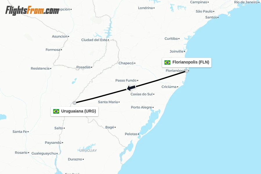 Flights from Florianopolis to Uruguaiana route map