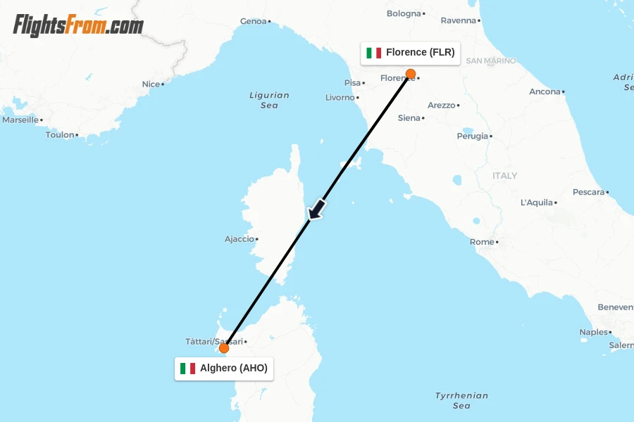 Flights from Florence to Alghero route map