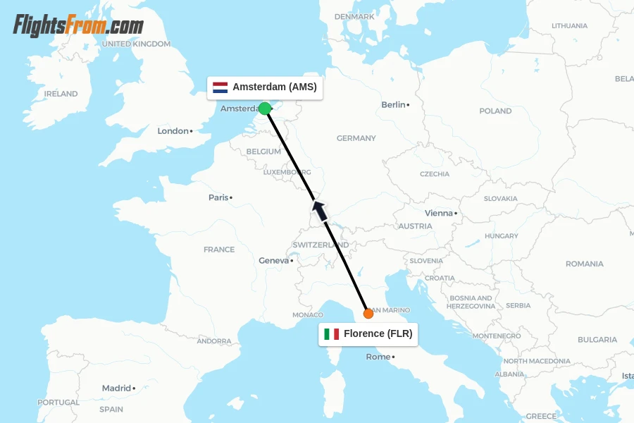 Flights from Florence to Amsterdam route map
