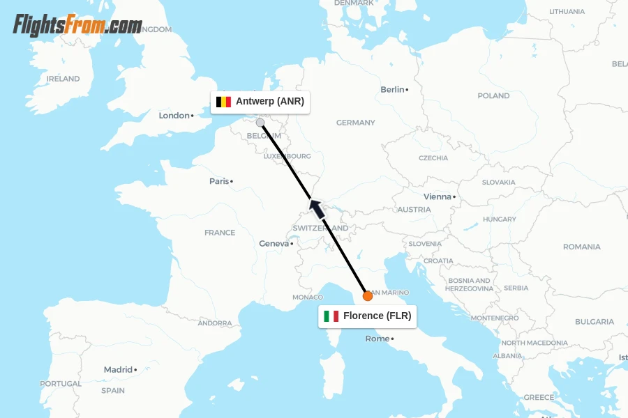 Flights from Florence to Antwerp route map