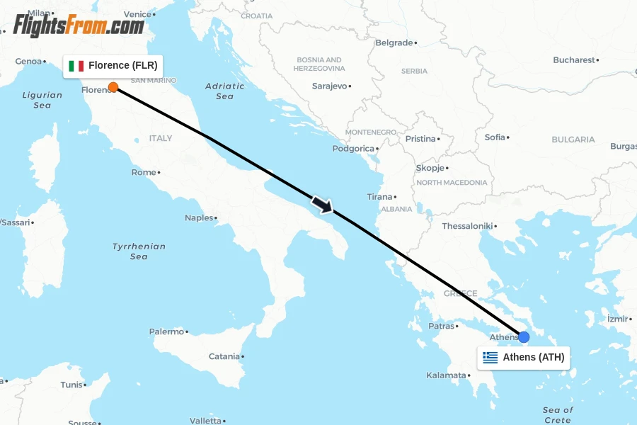 Flights from Florence to Athens route map