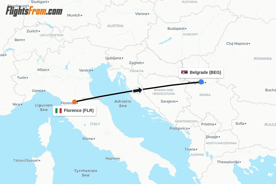 Flights from Florence to Belgrade route map