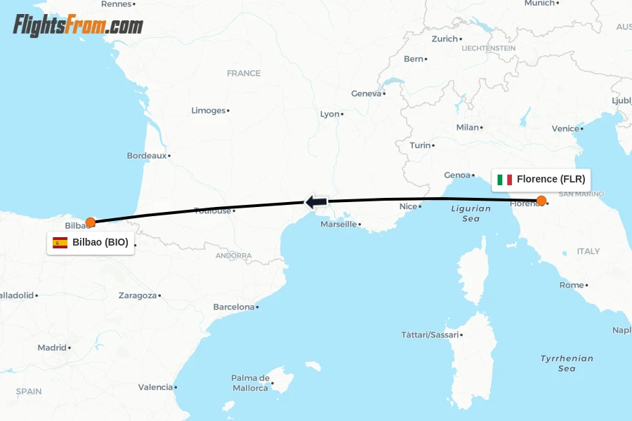 Flights from Florence to Bilbao route map