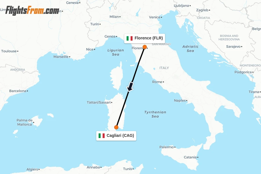 Flights from Florence to Cagliari route map