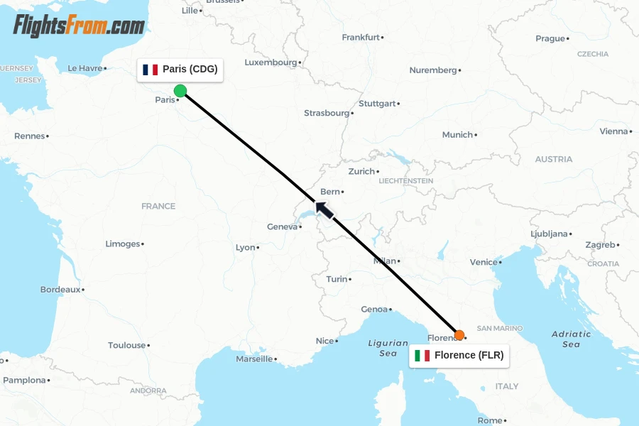 Flights from Florence to Paris route map