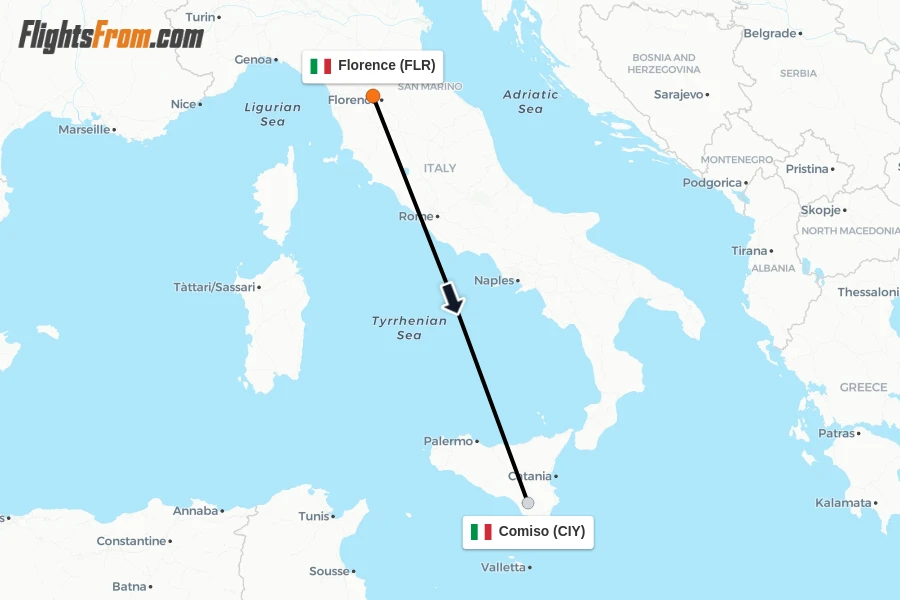Flights from Florence to Comiso route map