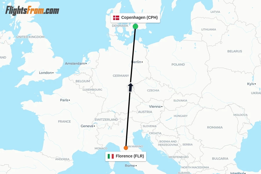 Flights from Florence to Copenhagen route map