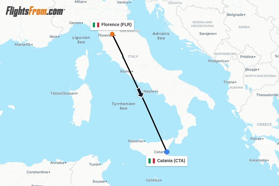 Flights from Florence to Catania route map