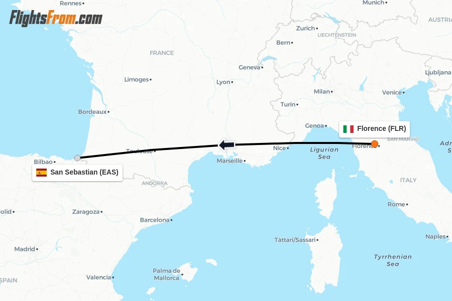 Flights from Florence to San Sebastian route map