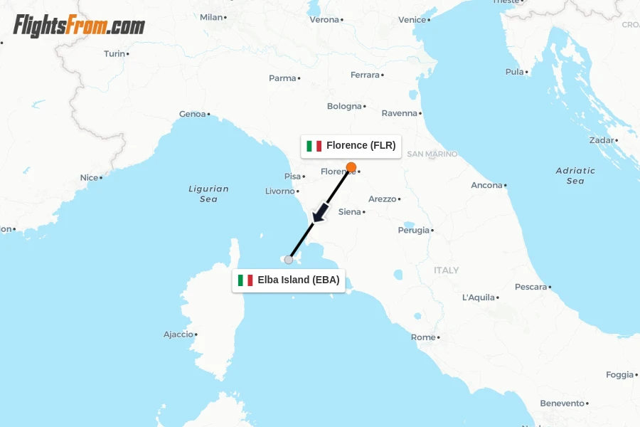 Flights from Florence to Elba Island route map