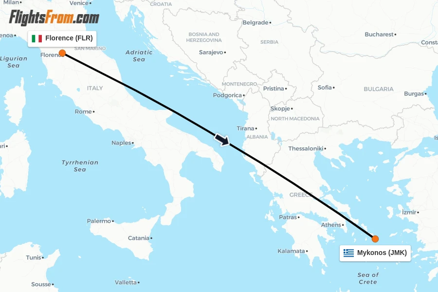 Flights from Florence to Mykonos route map