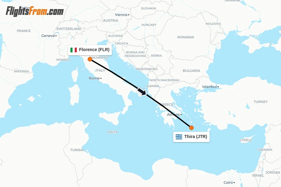 Flights from Florence to Thira route map