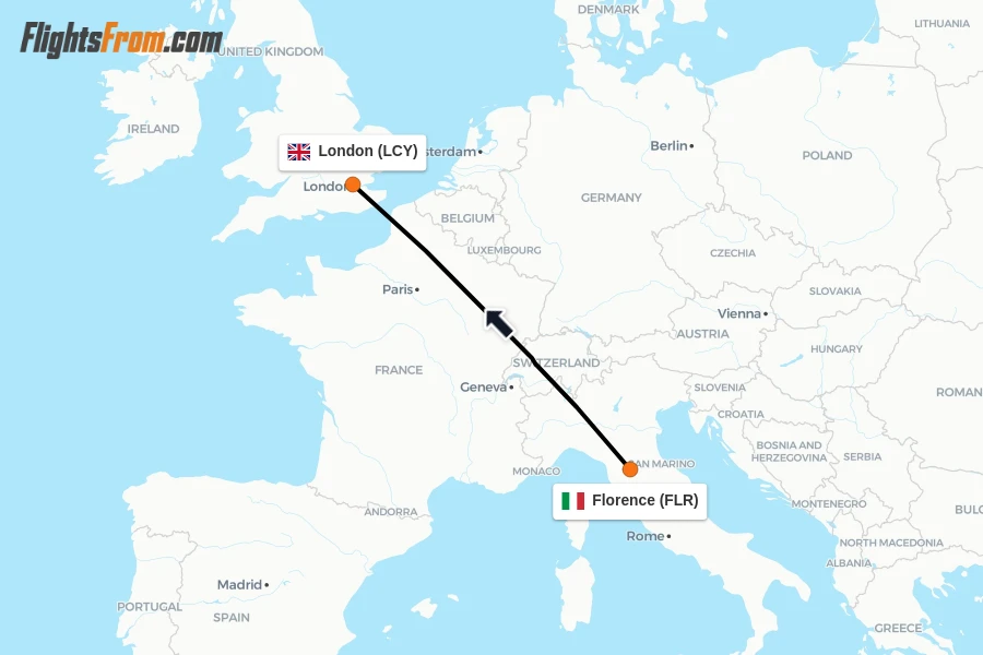 Flights from Florence to London route map