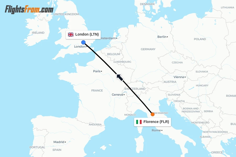 Flights from Florence to London route map