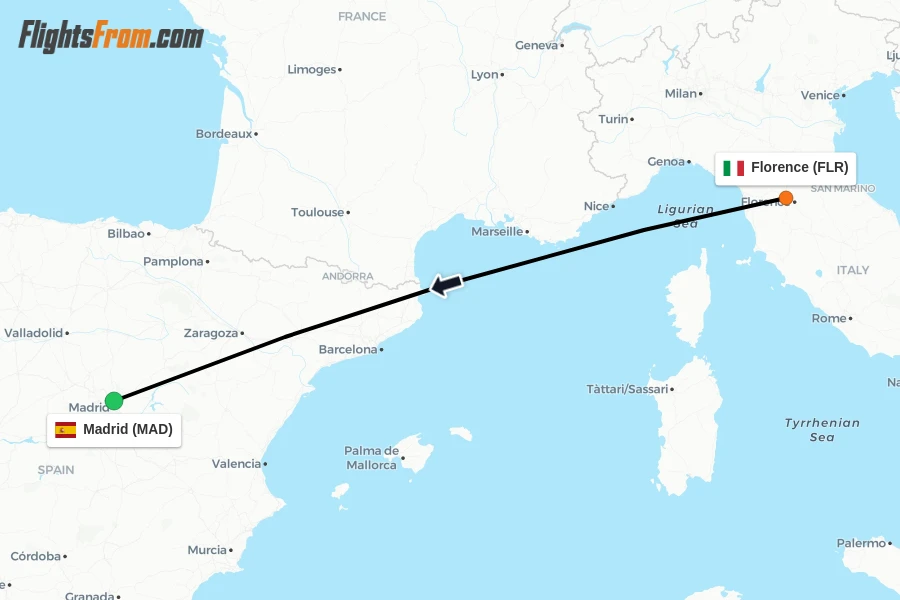 Flights from Florence to Madrid route map